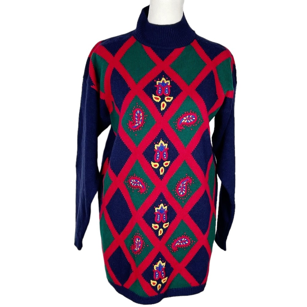 VNT Robert Scott Lambswool Sweater Embroidered  Size S Blue Red Green Yellow